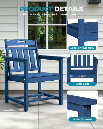 Ciokea HDPE Outdoor Patio Dining Chairs Set of 2, All-Weather Porch Chair with Wide Seat, Durable Outdoor Furniture for Backyard, Garden, Lawn & Poolside, Navy Blue