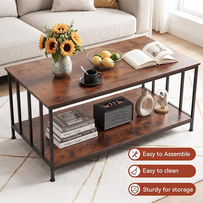 SENIG 2-Tier Coffee Table 39.4" with Slatted Sides Frame, Brown Oak | Industrial Wood and Metal Center Table for Home Office Kitchen 39.4" L x 21.7" W