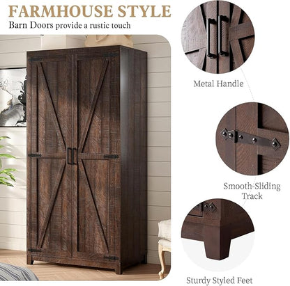 LUXOAK 70" Large Armoire Wardrobe Closet Set of 2 with Hanging Rod, Farmhouse Clothing Storage Cabinet with 4 Barn Doors, Wooden Tall Bedroom Armoires with Shelf, Espresso