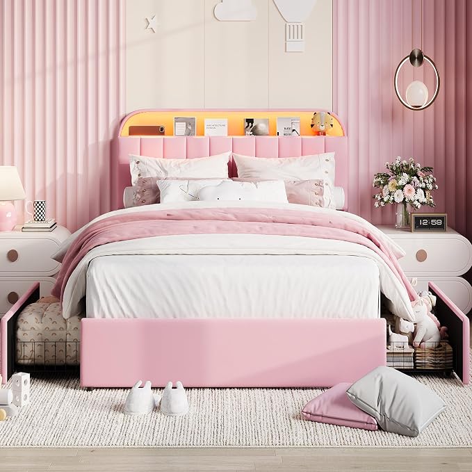 Garvee Queen Size Bed Frame with 2 Flexible Drawers, Velvet Upholstered Platform Bed Frame with Bookcase Headboard and LED Lights, Kids Bed for Girls, Easy Assembly, Noise Free, Pink