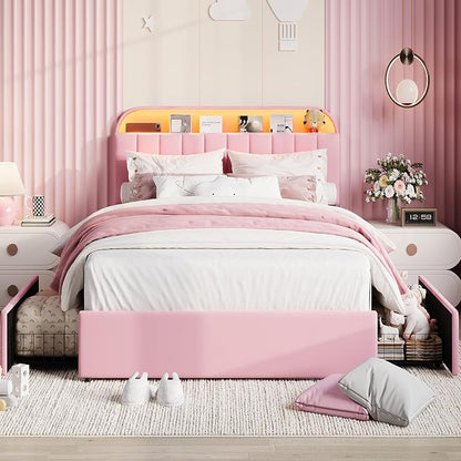 Garvee Queen Size Bed Frame with 2 Flexible Drawers, Velvet Upholstered Platform Bed Frame with Bookcase Headboard and LED Lights, Kids Bed for Girls, Easy Assembly, Noise Free, Pink