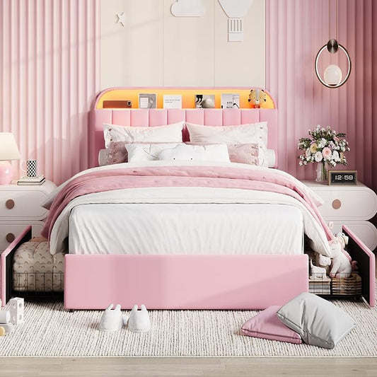 Garvee Queen Size Bed Frame with 2 Flexible Drawers, Velvet Upholstered Platform Bed Frame with Bookcase Headboard and LED Lights, Kids Bed for Girls, Easy Assembly, Noise Free, Pink