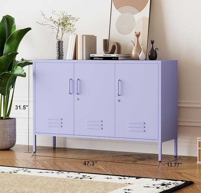 Purple Metal Storage Cabinet 3 Door Wide Metal Storage Cabinet 2 Layer Adjustable Shelves 32 "H Wide Steel Lockable Storage Cabinet Multipurpose Metal Accent Cabinet for Office/Home/Dining