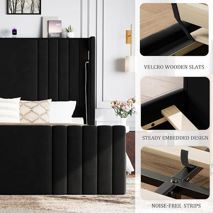 Queen Bed Frame with 55.1" Tall Headboard, Velvet Upholstered Platform Bed with Channel Tufted Wingback, 2 Reading Lights/Storage Shelf/Charging Station/Easy Assembly/Noise-Free, Black