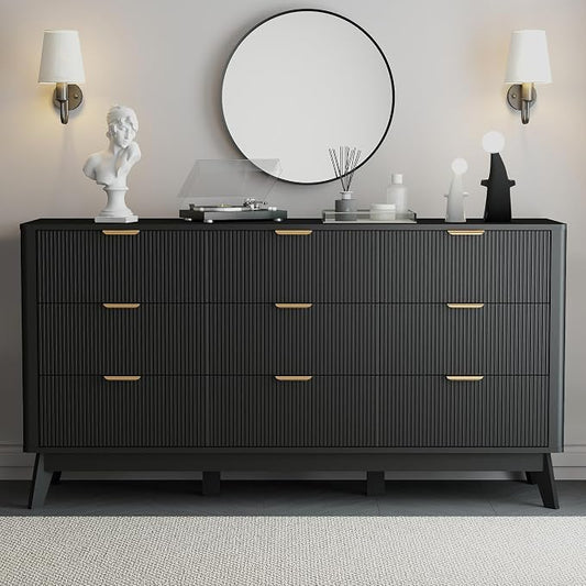 SUNWAVE 9 Drawer Dresser for Bedroom, 59.1" Large Fluted Dresser with Round Corner, Modern Dressers Wood Chest of Drawer for Living Room (Black)