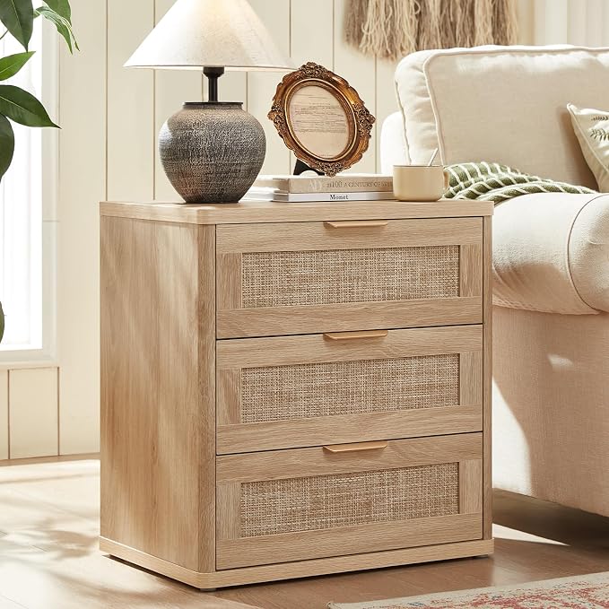 LEYAOYAO Rattan Night Stand with Drawers, 23" Large 3 Drawer Boho Nightstand, Natural Wood Bedside Table Storage Cabinet, Bed Side End Tables Dresser for Bedroom, Living Room, Hallway, Closet