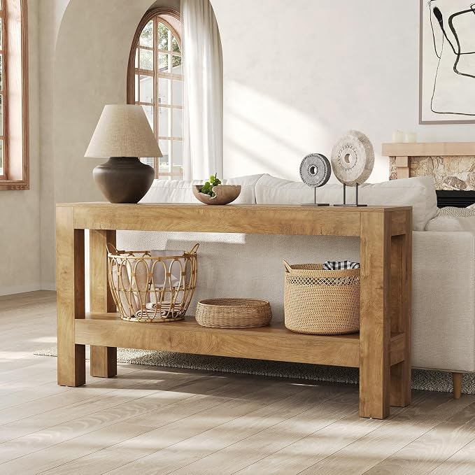 LITTLE TREE 63-Inch Long Console Table for Living Room, Farmhouse Wood Entryway Table for Sofa, Entry, Hallway, Entrance, Foyer, Behind Couch with 2-Tier Narrow Shelf, Oak