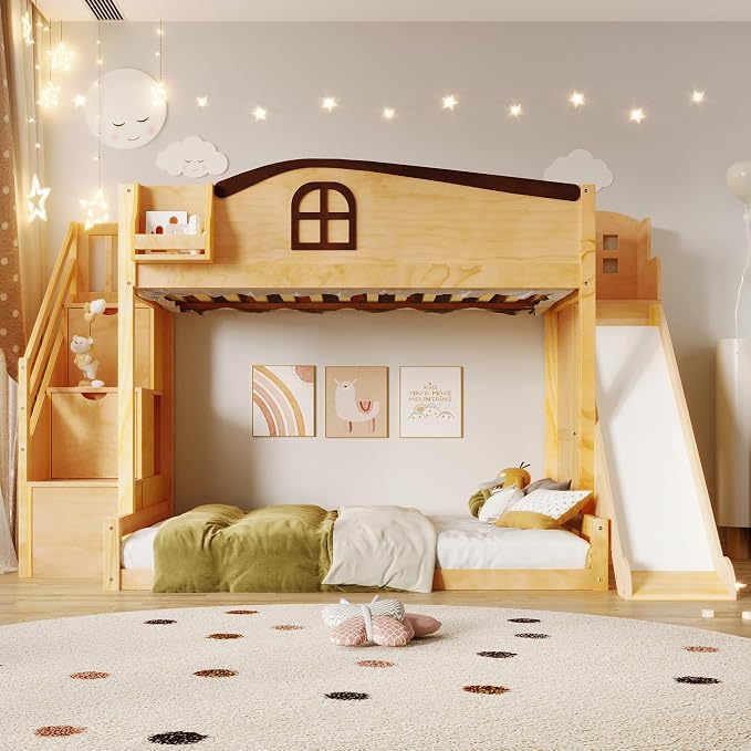 RUNNA Twin Over Full Bunk Bed with Slide,Storage Stairs,Shelf | Twin over full bunk bed with slide, storage stairs, overhead shelf, solid wood, guardrails, no box spring needed