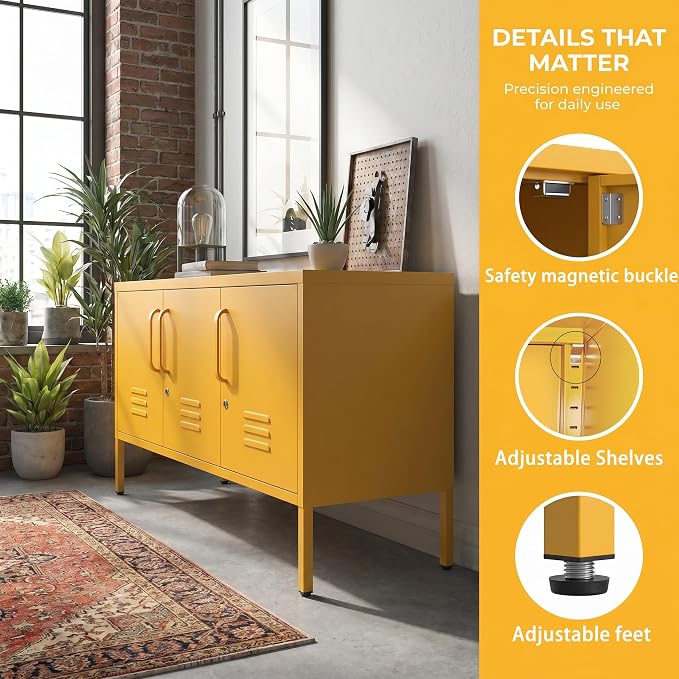 3 Door TV Standwith Storage Locke Metal TV Cabinet with 2-Tier Multi-Purpose Lockable Wide Storage Cabinet, Media Console Table with Metal Legs for Living Room, Bedroom,Office,Yellow