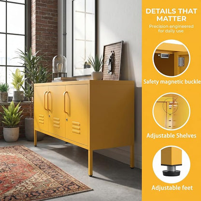 3 Door TV Standwith Storage Locke Metal TV Cabinet with 2-Tier Multi-Purpose Lockable Wide Storage Cabinet, Media Console Table with Metal Legs for Living Room, Bedroom,Office,Yellow