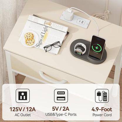 Vagusicc Nightstand with Charging Station, End Table with Fabric Drawer, Small Side Table with 2-Tier Storage Shelves, 25.4" Tall Night Stand, Bedside Table for Bedroom, Living Room, Dorm, Beige