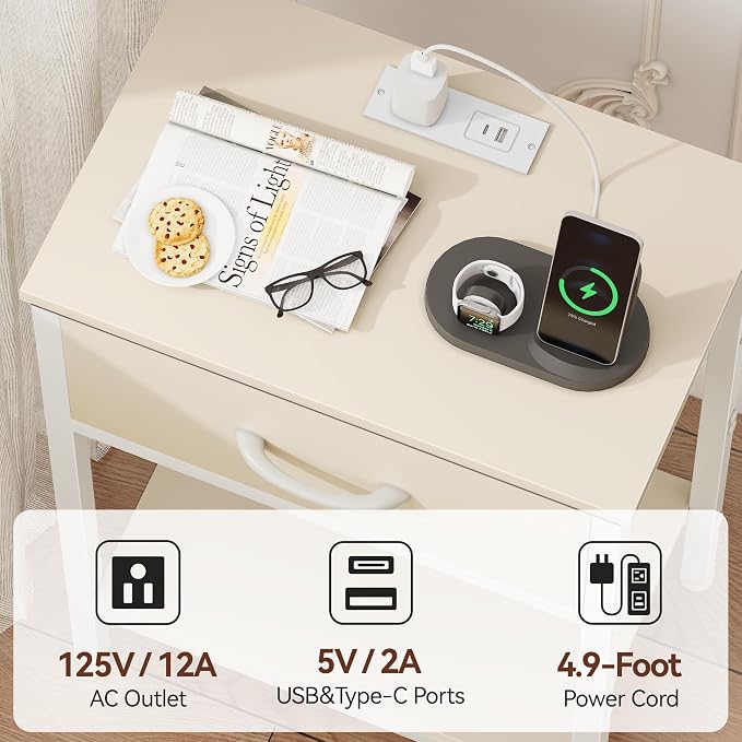 Vagusicc Nightstand Set of 2 with Charging Station, Bed Side Table with Fabric Drawer, Small End Table with 2-Tier Storage Shelves, 25.4" Tall Night Stand Bedside Table for Bedroom Living Room, Beige