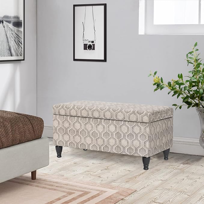 Asense Upholstered Storage Ottoman Hinged-lid Linen Bench Rectangular Footstools Accent Furniture for Bedroom Living Room Entryway, Beige & Light Grey Patterns