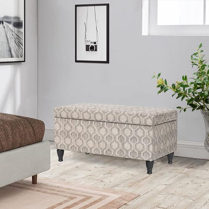 Asense Upholstered Storage Ottoman Hinged-lid Linen Bench Rectangular Footstools Accent Furniture for Bedroom Living Room Entryway, Beige & Light Grey Patterns