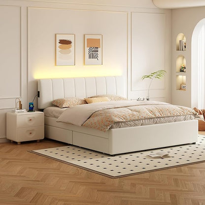 King Size Upholstered Platform Bed with 4 Storage Drawers | 4 Storage Drawers, USB/Type-C Charging,APP-Controlled LED Lights,No Box Spring Needed,Beige Chenille Fabric,Easy to Assemble