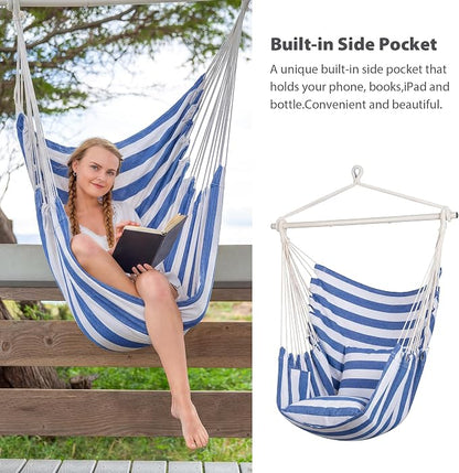 SUNCREAT Hammock Chairs Hammock Chair Swing with Steel Support Bar, Side Pocket, Large Swing Chair for Bedroom, Patio, Garden, Blue & White
