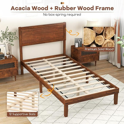 KOMFOTT Twin Size Wood Bed Frame with Headboard, Solid Acacia Wood Platform Bed Frame, Wooden Slats Supported Bed Base with Under-Bed Storage Space, No Box Spring Needed Mattress Foundation