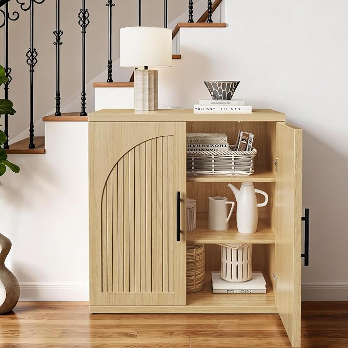 MapleGrace 31.5" Fluted Buffet Cabinet with Storage, Modern Symmetrical Arched Sideboard Credenza with Adjustable Shelf, Elegant Wood Console Table for Dining Room, Kitchen, Living Room(Oak)