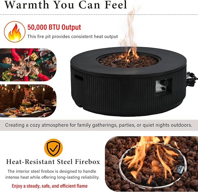 Merax 38.19'' MGO Propane Outdoor Fire Pit with Vertical Stripe Design, 50000 BTU Round Fire Pit Table with Steel Burner, Adjustable Flame Control, Lava Rocks & Rain Cover for Patio&Backyard, Black