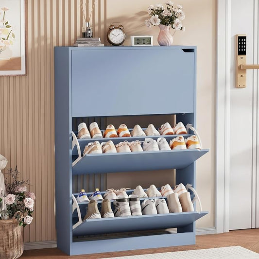 Shoe Storage Cabinet, Wood Shoe Organizer for Entryway with 3 Flip Drawers, Freestanding Shoe Rack with Adjustable Shelf, Narrow Shoe Dresser for Front Door Entrance (Blue, Standard 3 Drawers)