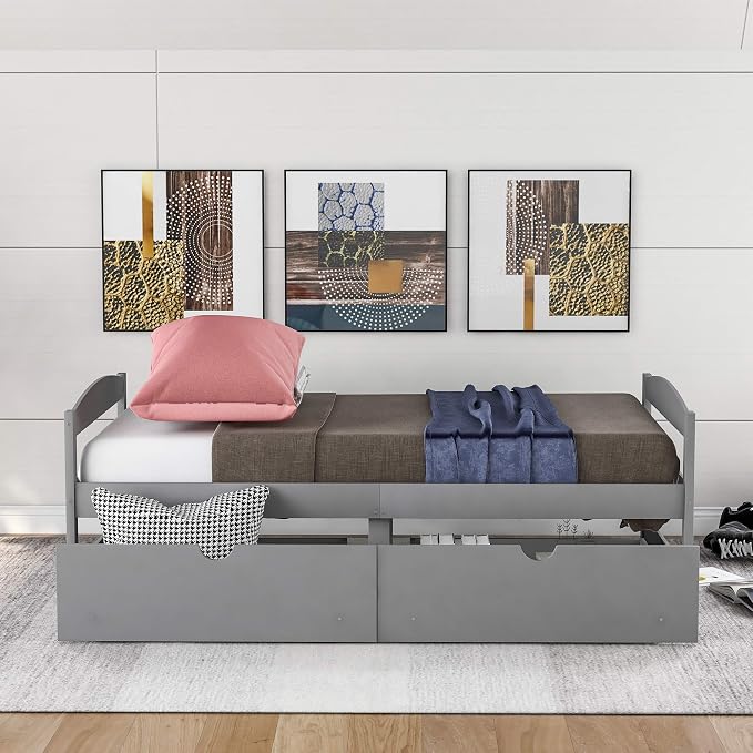 Merax Classic Solid Wood Day Bed with Storage Drawers Platform Bed for Living Room Beedroom Twin Grey
