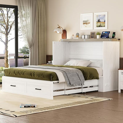 Merax Modern Farmhouse Solid Wood Murphy Cabinet Bed with Charging Station, Foldable Wall Platform Bed with Storage Drawer/No Box Spring Needed/Easy Assemble/Queen, White