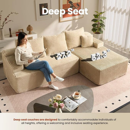 ovios 96" Cloud Sectional Couch with L-Shape Chaise,Modern Modular Sofa with Deep Seat, Upholstered Couches for Living Room Bedroom,No Assembly Required, Beige (Plush Corduroy Fabric)