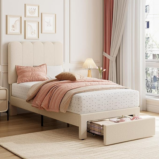 GarveeHome Twin Bed Frame with Under-Bed Drawer, Upholstered Platform Bed with Wave Headboard for Kids/Girls, Wooden Slats Support, No Box Spring Needed, Boucle White