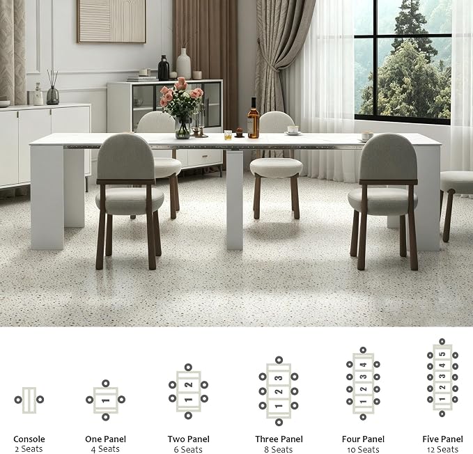 Expandable Dining Room Table, Extendable Table for 10-12 People, Folding Console Table, Space Saving Kitchen Table for Apartment, Marble and White