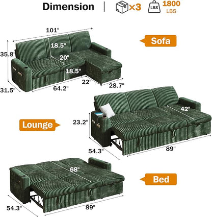 Sunny Heart 101" Plush Corduroy L Shaped Sectional Sleeper Sofa Bed with Pull Out Bed, Reclining Backrest, Reversible Storage Chaise, USB Ports, Cup Holders, Tool Free Assembly,Forest Green