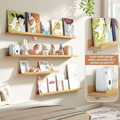 Fun Memories Picture Ledge Shelves Set of 4, 48 Inch Rustic Wall Mounted Floating Shelves with Lip for Home Storage and Décor in Bathroom, Kitchen, Nursery, Bedroom, Living Room, Oak