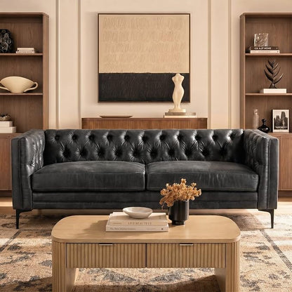 HULALA HOME 84" W Faux Leather Sofa Couch with Metal Legs, Button-Tufted 3-Seater Sofa, Mid Century Modern Contemporary Upholstered Couch for Living Room, Apartment, Charcoal