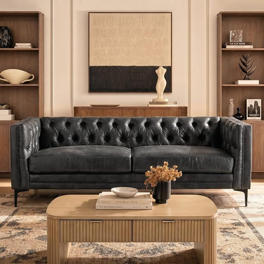 HULALA HOME 84" W Faux Leather Sofa Couch with Metal Legs, Button-Tufted 3-Seater Sofa, Mid Century Modern Contemporary Upholstered Couch for Living Room, Apartment, Charcoal