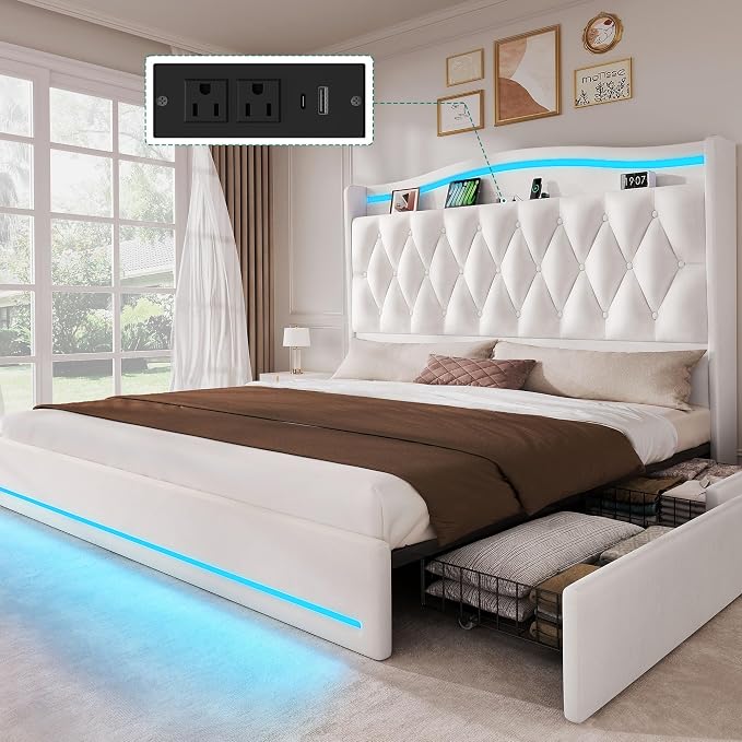 YITAHOME King Size Bed Frame with 4 Storage Drawers and RGB LED Lights, 57'' Tall Headboard Velvet Upholstered Bed with Charging Station, No Box Spring Needed, Easy Assembly, Noise-Free, White