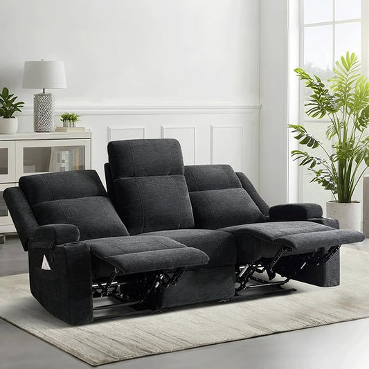 GUEAPY Large Manual Reclining Sofa – 3-Seater Chenille Reclining Couch with Cup Holders, Wide Seat, Easy Assembly & Spill-Resistant Fabric – Cozy Reclining Sofa for Living Room, Apartment, RV（Black）