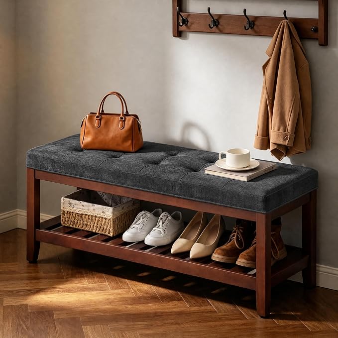 HUBSON 44" Entryway Shoe Bench, Upholstered End of Bed Bench with Solid Wood Shelf, Button Tufted Shoe Bench for Bedroom, Hallway, Living Room, Light Grey