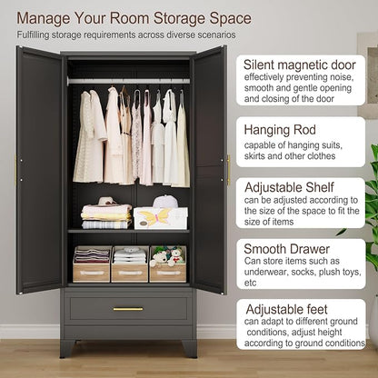 erosoei 71" H Metal Armoire Wardrobe Closet with Mirror,Household Steel Wardrobe Cabinet with Drawers,Clothing Storage Armoire Cabinet with Adjustable Shelves and Hanging Rod for Bedroom（Black）