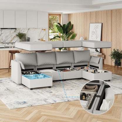 Huatean Home 114.17" Modular Sectional Sofa, 6 Seat Modular Couch with Storage, Memory Foam, Convertible Sectional Couches for Living Room, U Shaped Comfy Modular Sofa with Chaise, Light Grey