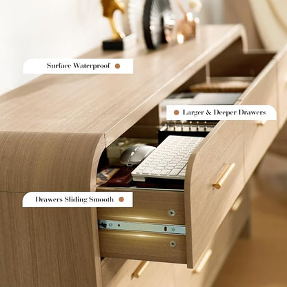 Curved 9-Drawer Dresser for Bedroom, 63" Wide Modern Chest of Drawers, Vanity Desk TV Stand for Living Room, Closet Storage Drawers Organizer Furniture, Nursery, Hallway, Light Burl