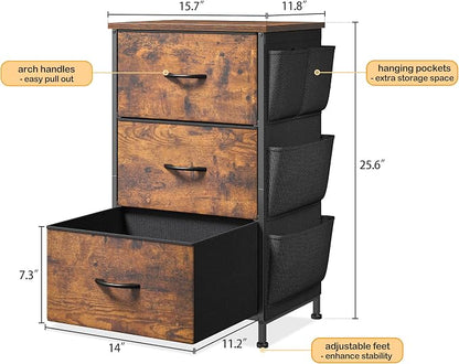 Night Stand Set 2,Night Stand with Drawers for Bedroom,Bedside Table with Wooden Top,Sturdy Steel Frame End Table,Dorm Small Nightstand for Bedroom,Entryway,Hallway,Cloth Bags,Hooks,Rustic Brown