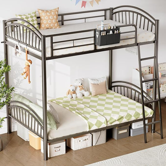 Decofy Metal Bunk Bed Twin Over Twin with Storage Bag, 2 Twin Size Beds with Safety Guard Rails and Anti-tip Nails for Teenager，Girls or Boys （Black） | Convertible Ladder