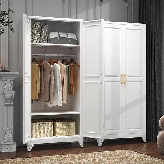 Metal Armoire Wardrobe Closet with 2 Doors, 71" Tall Wardrobe Closet with Doors, Hanging Rod, Drawers and Adjustable Shelves, White Clothing Storage Cabinets for Bedroom, Home Office