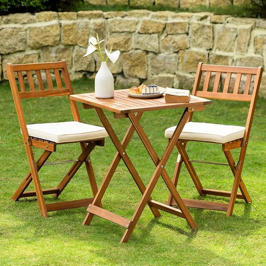 IDZO Heavy Duty 400lbs Capacity Patio Bistro Sets, 3 Piece Outdoor Folding Chairs with Cushions and Square Table, FSC-Certified Acacia Wood, Space-Saving Design for Balcony, Garden and Porch
