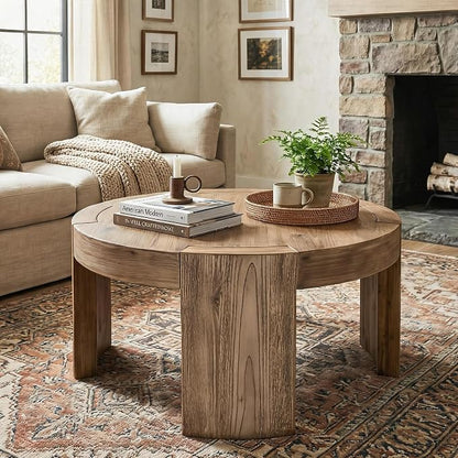 Solid Wood Round Coffee Table, 31.5-Inch Farmhouse Circle Center Cocktail Tea Table for Living Room, Wood Home Living Room Furniture, Easy Assembly, Light Brown
