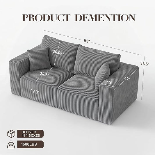 Modular Loveseat Cloud Couch, 79" Memory Foam Boneless Double Sofa, Cozy Upholstered Corduroy Frameless Furniture, No Assembly Required Small Couch for Apartment Living Room Office, Grey