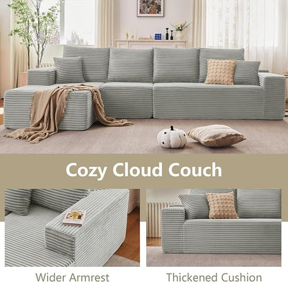 135" Cloud Sectional Couch with L-Shape Chaise, Upholstered Corduroy Couches Sleeper Chaise Longue, Modern Modular Comfy Deep Seat Sofa for Living Room Bedroom, No Assembly Required, Grey