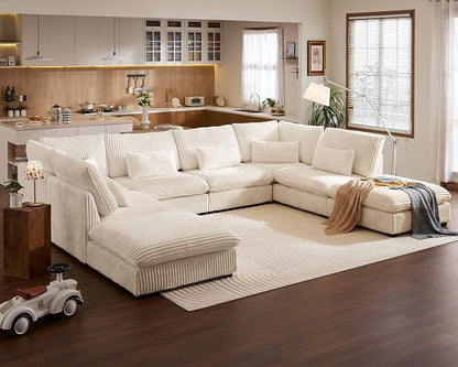 154" Oversized Corduroy Couch Modular Sectional Sofa, Washable Cloud Couch Sectional with 4 Ottoman, 8 Seater Sectional Couches for Living Room, Fully Cover Removable, Sleeper Sofa, Corduroy, White