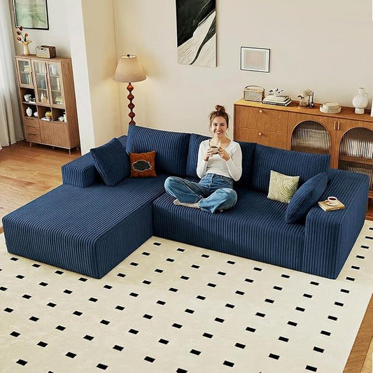 95" Cloud Sectional Couch with L-Shape Chaise, Modular Comfy Sofa Chaise Longue, Upholstered Corduroy Couches Sleeper with Deep Seat for Living Room Bedroom, No Assembly Required(Blue, Left Facing)