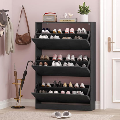 BORNOON Shoe Storage Cabinet with 3 Flip Drawers,Narrow Shoe Rack Cabinet,Freestanding Organizer Storage for Entryway, Hallway, Black