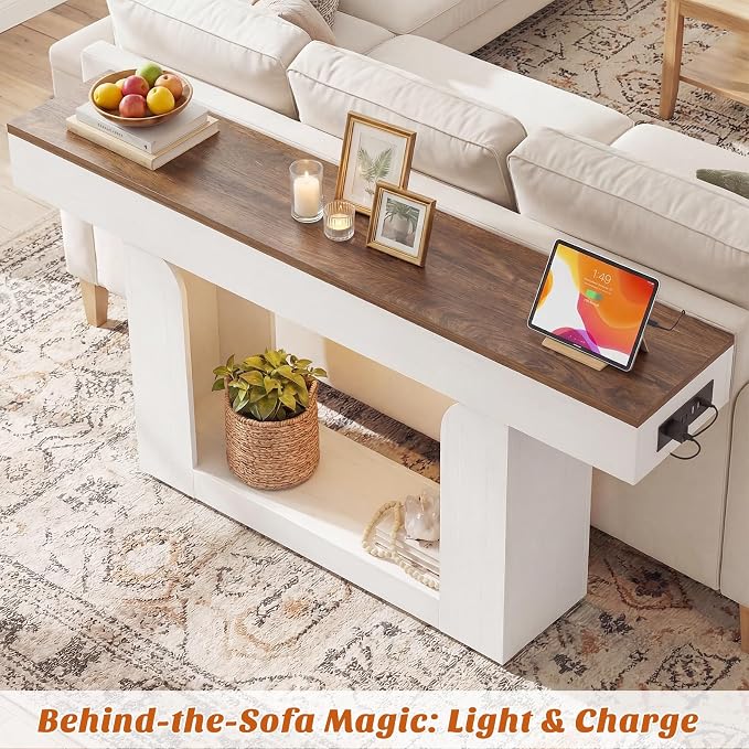 Homieasy Console Table, 63" Entryway Table with LED Lights & Charging Station, Farmhouse Wooden Sofa Table Behind Couch, Narrow Hallway Table for Living Room, Foyer, Entry, Antique White & Brown